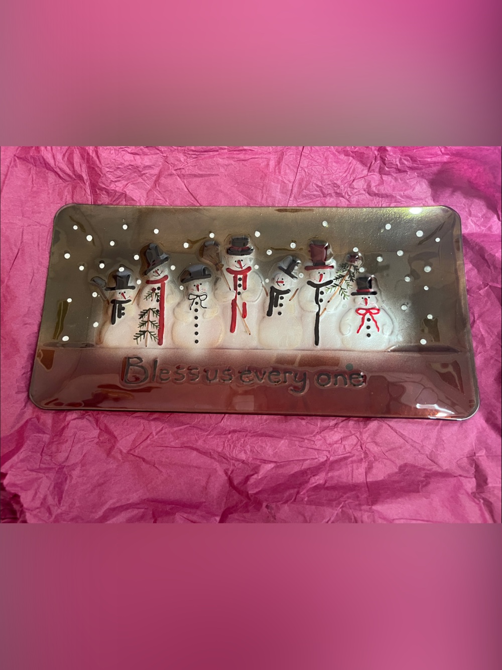 Holiday Snowman Decorative Tray - Silver with Red Accents